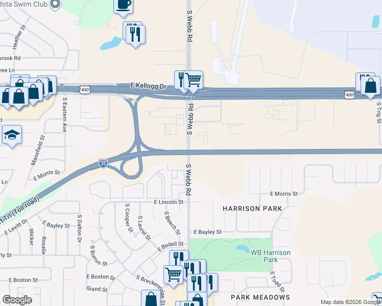 map of restaurants, bars, coffee shops, grocery stores, and more near Kansas Turnpike in Wichita