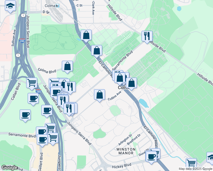 map of restaurants, bars, coffee shops, grocery stores, and more near 1200 El Camino Real in Colma