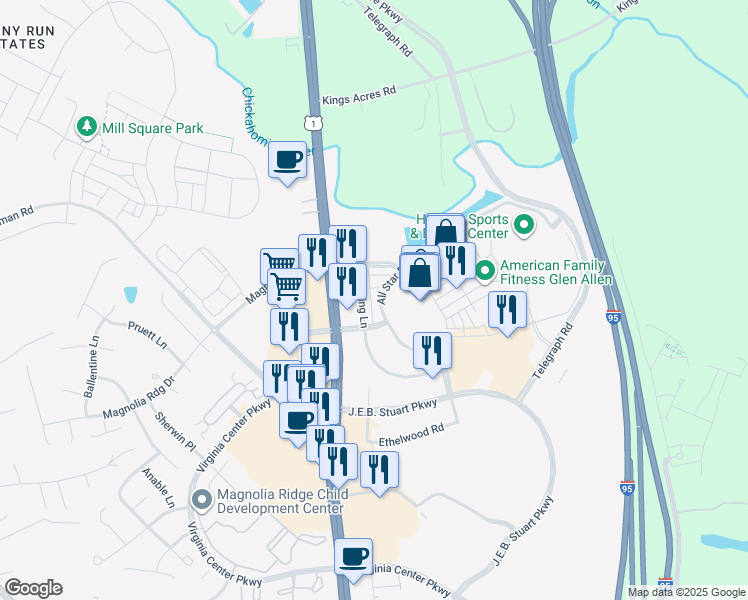 map of restaurants, bars, coffee shops, grocery stores, and more near 10165 Brook Road in Glen Allen