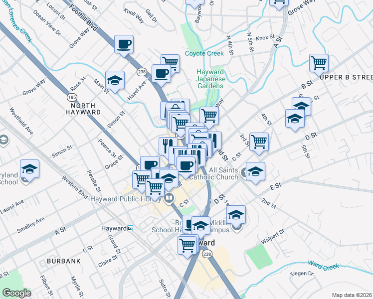 map of restaurants, bars, coffee shops, grocery stores, and more near Foothill Boulevard & A Street in Hayward