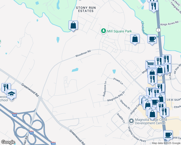 map of restaurants, bars, coffee shops, grocery stores, and more near 10875 Winfrey Road in Glen Allen