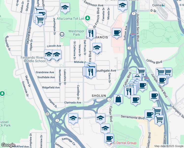 map of restaurants, bars, coffee shops, grocery stores, and more near 1440 Southgate Avenue in Daly City