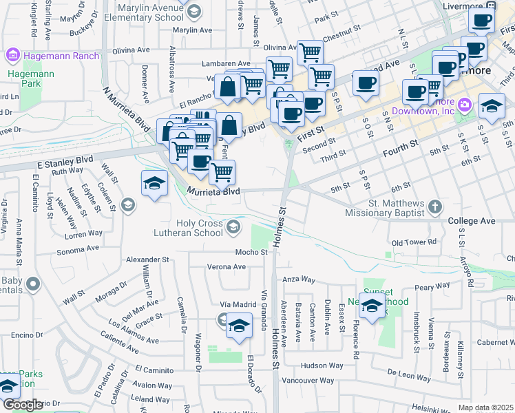 map of restaurants, bars, coffee shops, grocery stores, and more near 1087 Murrieta Boulevard in Livermore