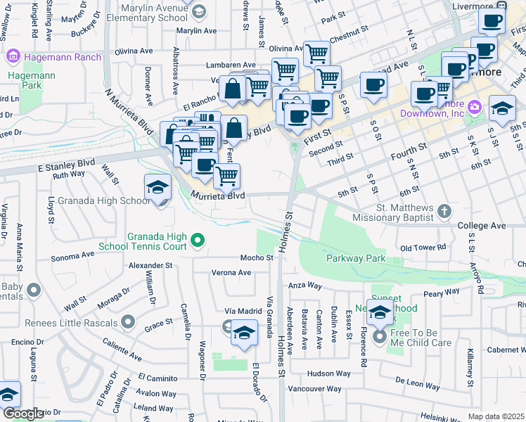 map of restaurants, bars, coffee shops, grocery stores, and more near 1087 Murrieta Boulevard in Livermore