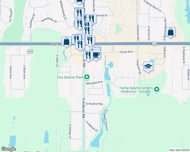 map of restaurants, bars, coffee shops, grocery stores, and more near 734 South Westview Circle in Andover