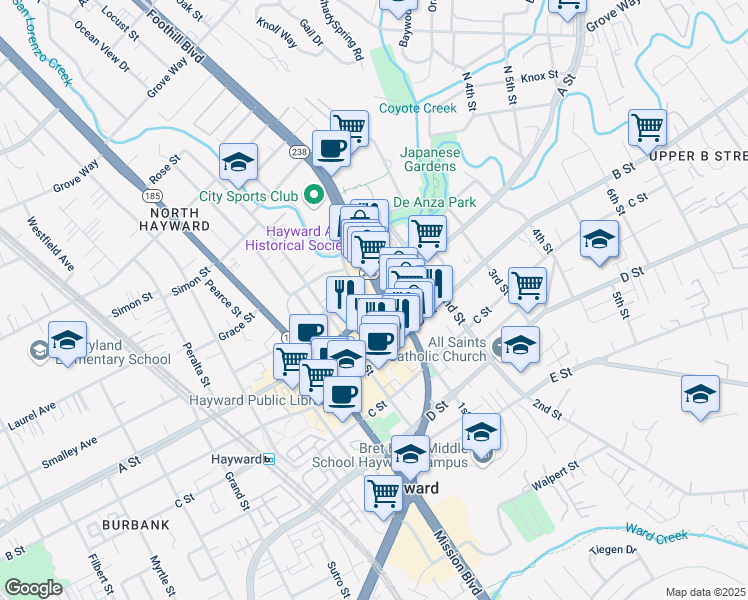 map of restaurants, bars, coffee shops, grocery stores, and more near in Hayward