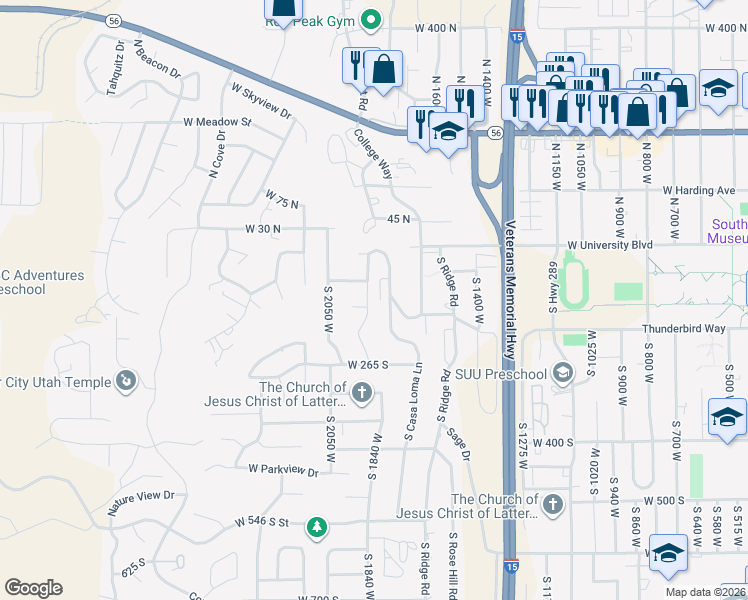 map of restaurants, bars, coffee shops, grocery stores, and more near 114 South Juniper Drive in Cedar City