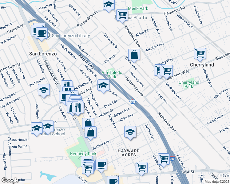 map of restaurants, bars, coffee shops, grocery stores, and more near 18844 Ricardo Avenue in Hayward