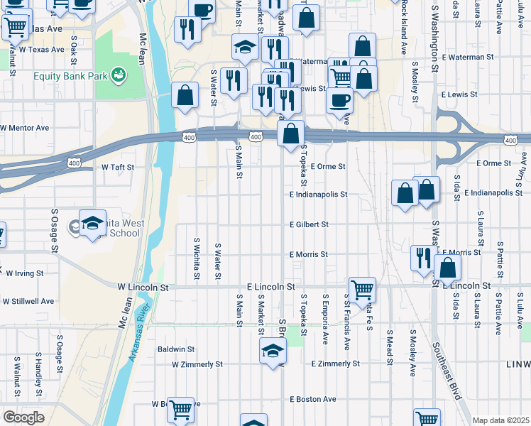 map of restaurants, bars, coffee shops, grocery stores, and more near 926 South Market Street in Wichita