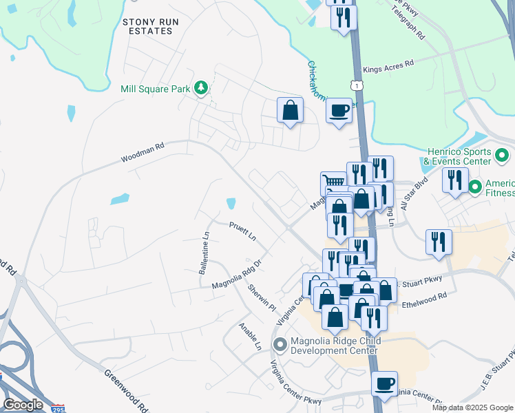 map of restaurants, bars, coffee shops, grocery stores, and more near 10732 Peterfield Lane in Glen Allen