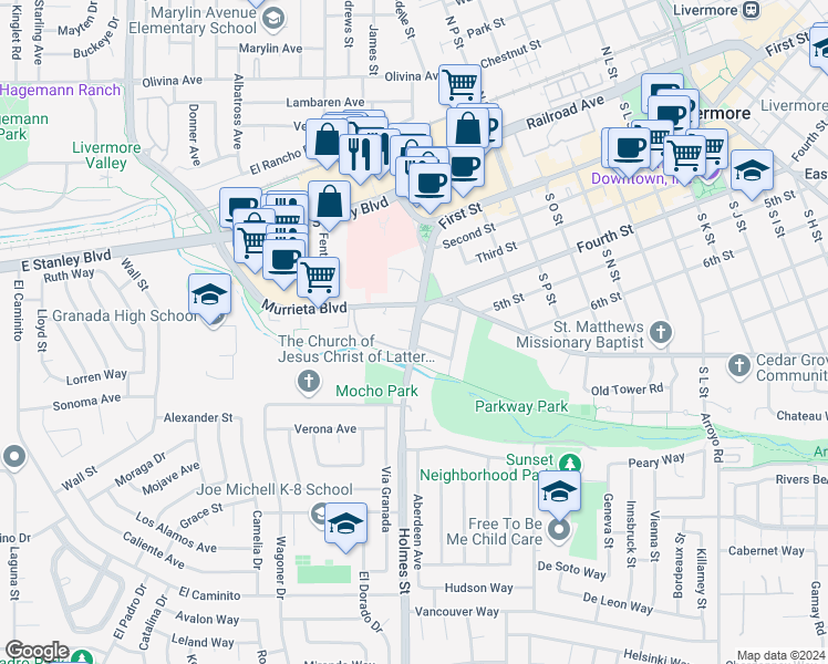 map of restaurants, bars, coffee shops, grocery stores, and more near 1198 Holmes Court in Livermore