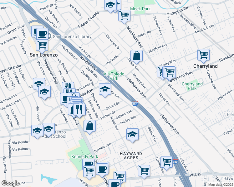 map of restaurants, bars, coffee shops, grocery stores, and more near 18844 Ricardo Avenue in Hayward
