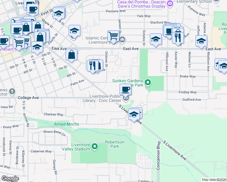 map of restaurants, bars, coffee shops, grocery stores, and more near 1052 South Livermore Avenue in Livermore