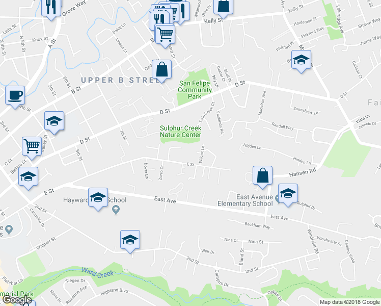map of restaurants, bars, coffee shops, grocery stores, and more near 24047 Wilcox Lane in Hayward