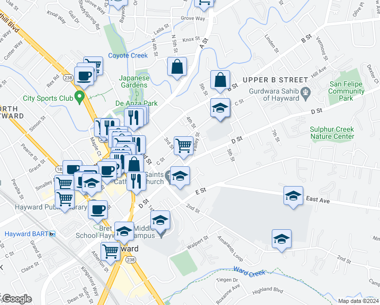 map of restaurants, bars, coffee shops, grocery stores, and more near 1327 C Street in Hayward
