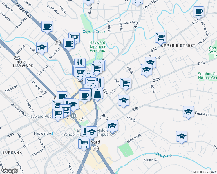 map of restaurants, bars, coffee shops, grocery stores, and more near 1216 B Street in Hayward