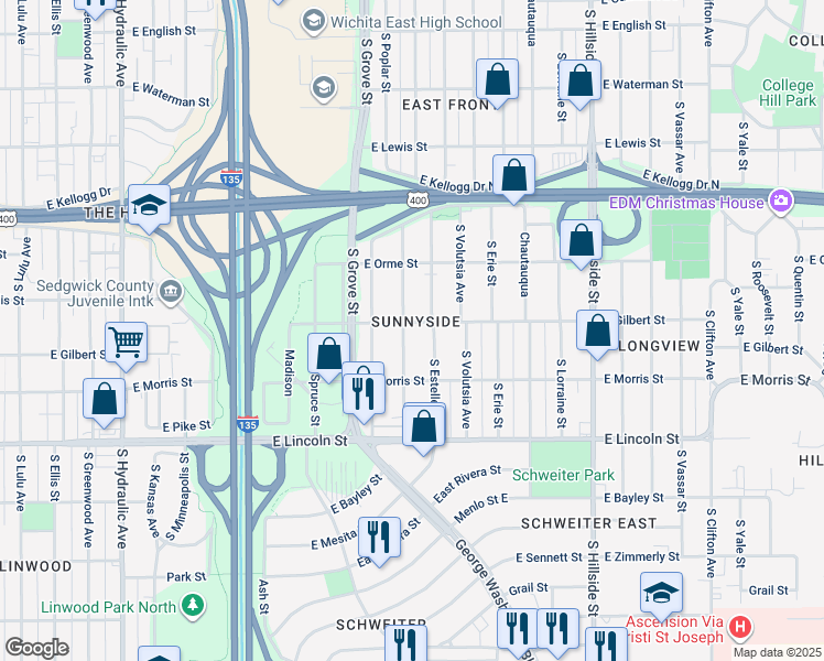 map of restaurants, bars, coffee shops, grocery stores, and more near 657 South Green Street in Wichita