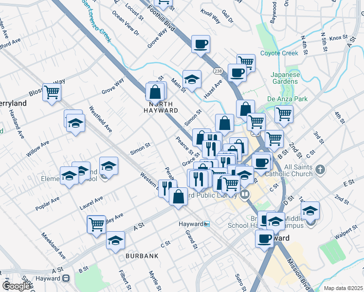 map of restaurants, bars, coffee shops, grocery stores, and more near 22243 Pearce Street in Hayward