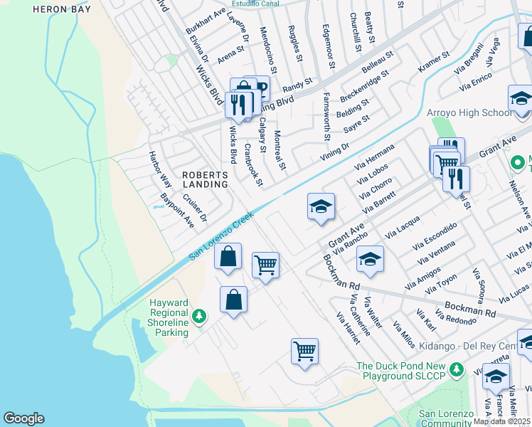 map of restaurants, bars, coffee shops, grocery stores, and more near 2179 Vía Murietta in San Lorenzo