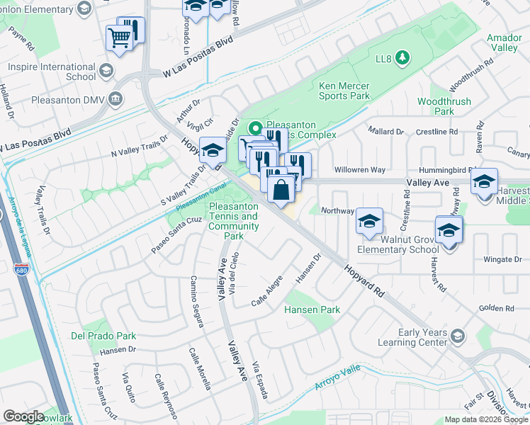 map of restaurants, bars, coffee shops, grocery stores, and more near 2953 Hopyard Road in Pleasanton