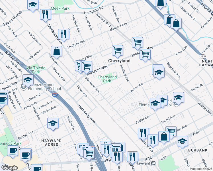 map of restaurants, bars, coffee shops, grocery stores, and more near 185 Grove Way in Hayward