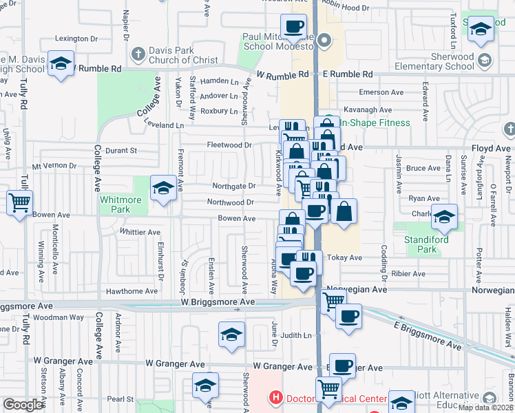 map of restaurants, bars, coffee shops, grocery stores, and more near 309 Northwood Drive in Modesto