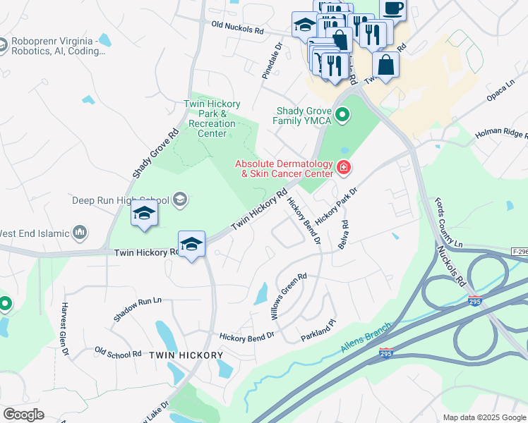 map of restaurants, bars, coffee shops, grocery stores, and more near 11921 Belmont Park Court in Glen Allen