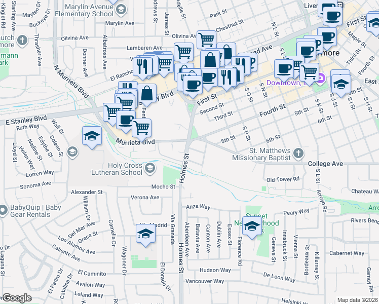map of restaurants, bars, coffee shops, grocery stores, and more near 1256 Marguerite Street in Livermore