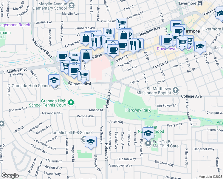 map of restaurants, bars, coffee shops, grocery stores, and more near 1205 Marguerite Street in Livermore