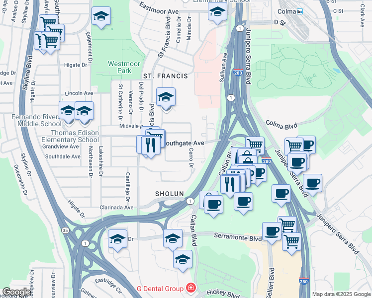 map of restaurants, bars, coffee shops, grocery stores, and more near 1498 Southgate Avenue in Daly City