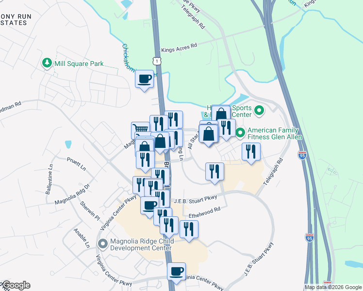 map of restaurants, bars, coffee shops, grocery stores, and more near 10165 Brook Rd in Glen Allen