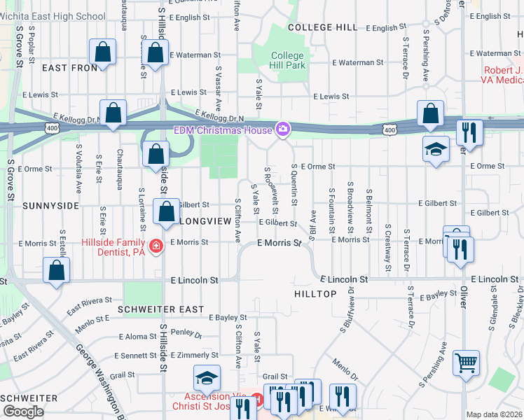 map of restaurants, bars, coffee shops, grocery stores, and more near 644 South Yale Street in Wichita