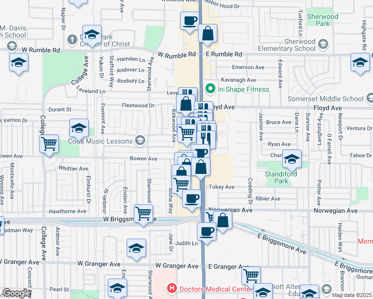 map of restaurants, bars, coffee shops, grocery stores, and more near 2302 Kirkwood Avenue in Modesto