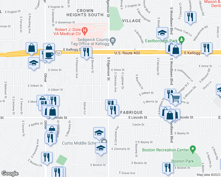 map of restaurants, bars, coffee shops, grocery stores, and more near 708 South Edgemoor Street in Wichita