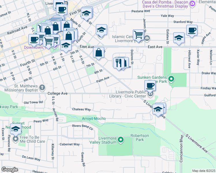 map of restaurants, bars, coffee shops, grocery stores, and more near Carmen Avenue in Livermore