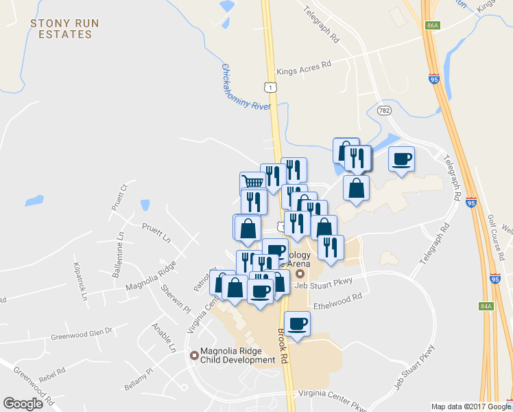 map of restaurants, bars, coffee shops, grocery stores, and more near 10150 Brook Road in Glen Allen