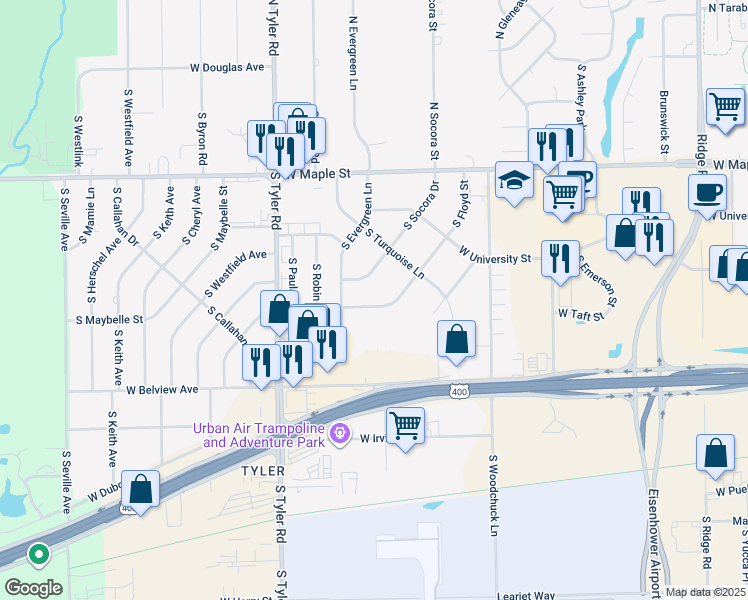 map of restaurants, bars, coffee shops, grocery stores, and more near 525 South Floyd Street in Wichita