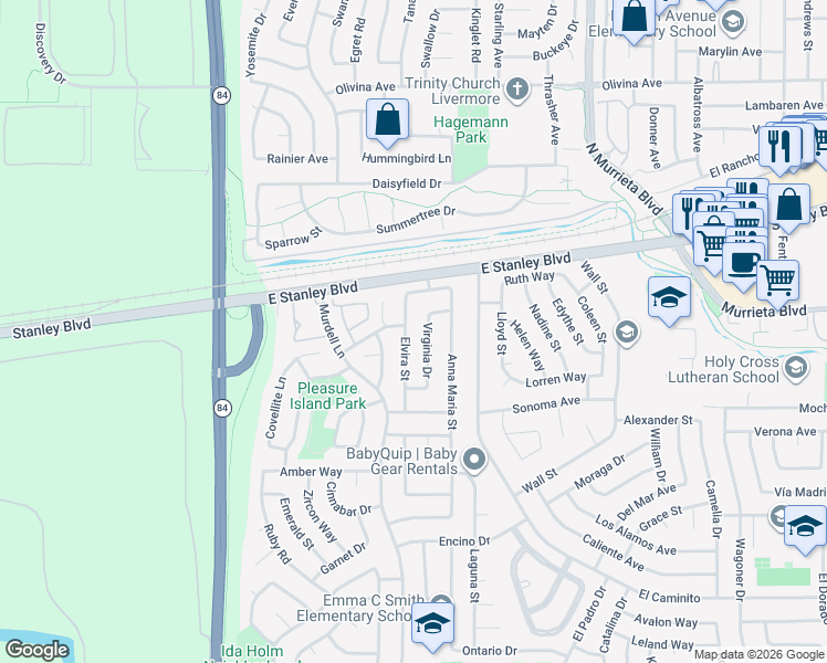 map of restaurants, bars, coffee shops, grocery stores, and more near 212 Elvira Street in Livermore