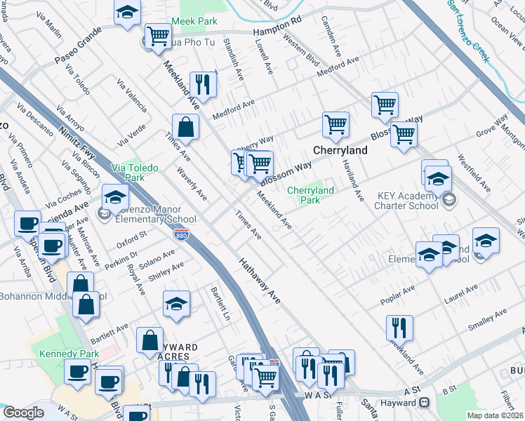 map of restaurants, bars, coffee shops, grocery stores, and more near 20661 Meekland Ave in Hayward