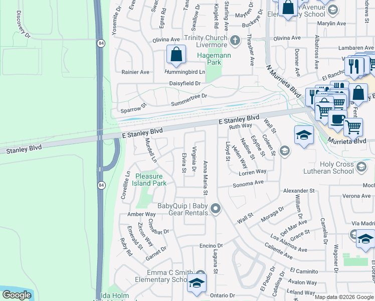 map of restaurants, bars, coffee shops, grocery stores, and more near 212 Elvira Street in Livermore
