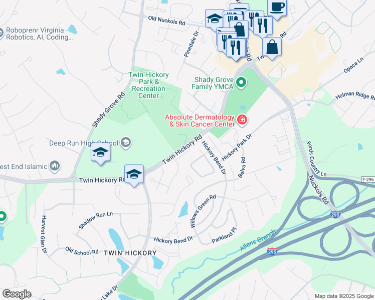 map of restaurants, bars, coffee shops, grocery stores, and more near 11921 Belmont Park Court in Glen Allen