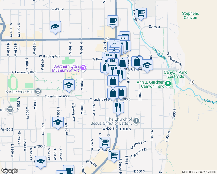 map of restaurants, bars, coffee shops, grocery stores, and more near 117 South 100 West in Cedar City