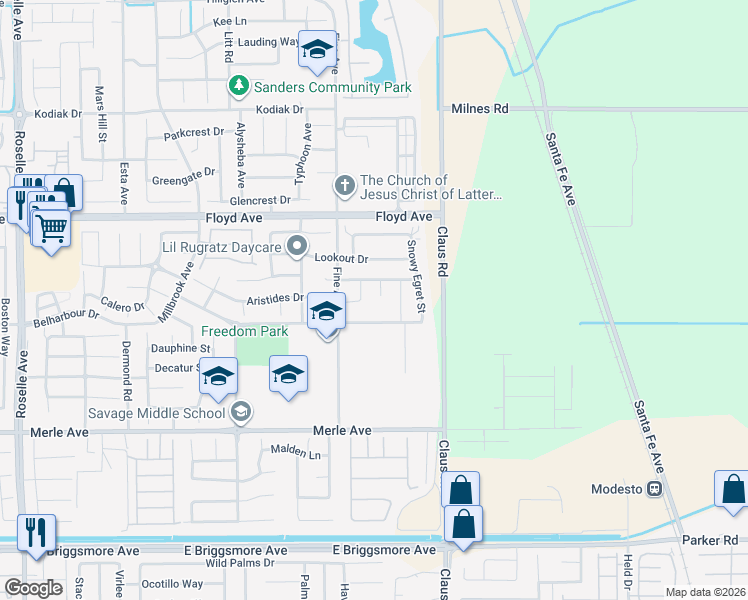 map of restaurants, bars, coffee shops, grocery stores, and more near 2308 Paper Bark Court in Modesto