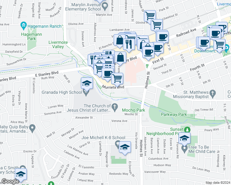 map of restaurants, bars, coffee shops, grocery stores, and more near 42 Murrieta Boulevard in Livermore