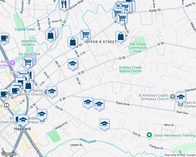 map of restaurants, bars, coffee shops, grocery stores, and more near 1638 E Street in Hayward