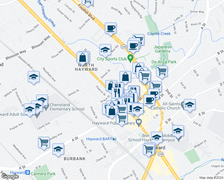 map of restaurants, bars, coffee shops, grocery stores, and more near 22260 California 185 in Hayward
