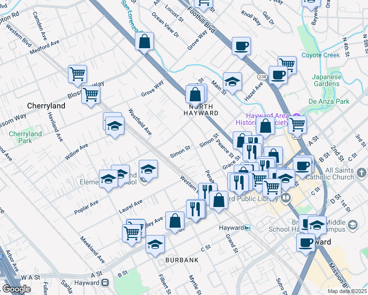 map of restaurants, bars, coffee shops, grocery stores, and more near 574 Simon Street in Hayward