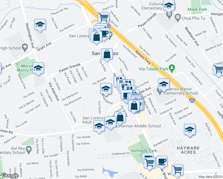 map of restaurants, bars, coffee shops, grocery stores, and more near 16215 Via Arriba in San Lorenzo