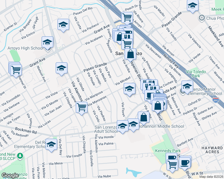 map of restaurants, bars, coffee shops, grocery stores, and more near 690 Via Mirabel in San Lorenzo