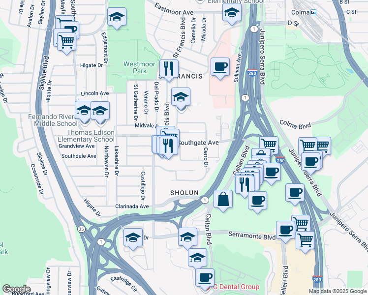 map of restaurants, bars, coffee shops, grocery stores, and more near 1440 Southgate Avenue in Daly City
